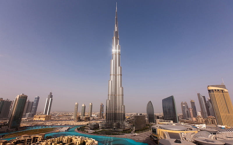 Burj Khalifa Hotel, Dubai, United Arab Emirates, architecture, emirates, dubai, silver, metal, city, blue, hotel, country, sky, tall, skyscrapers, building, windows, glass, daylight, day, nature, arab, HD wallpaper
