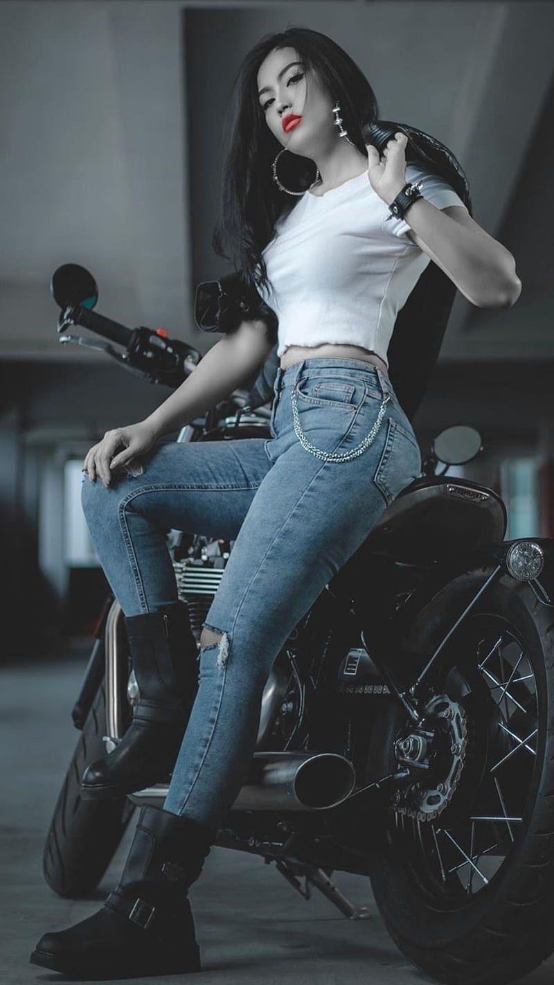 Girl and bike, motorcycle, motor, beauty, asian, black and white, tough girl, jeans, HD phone wallpaper