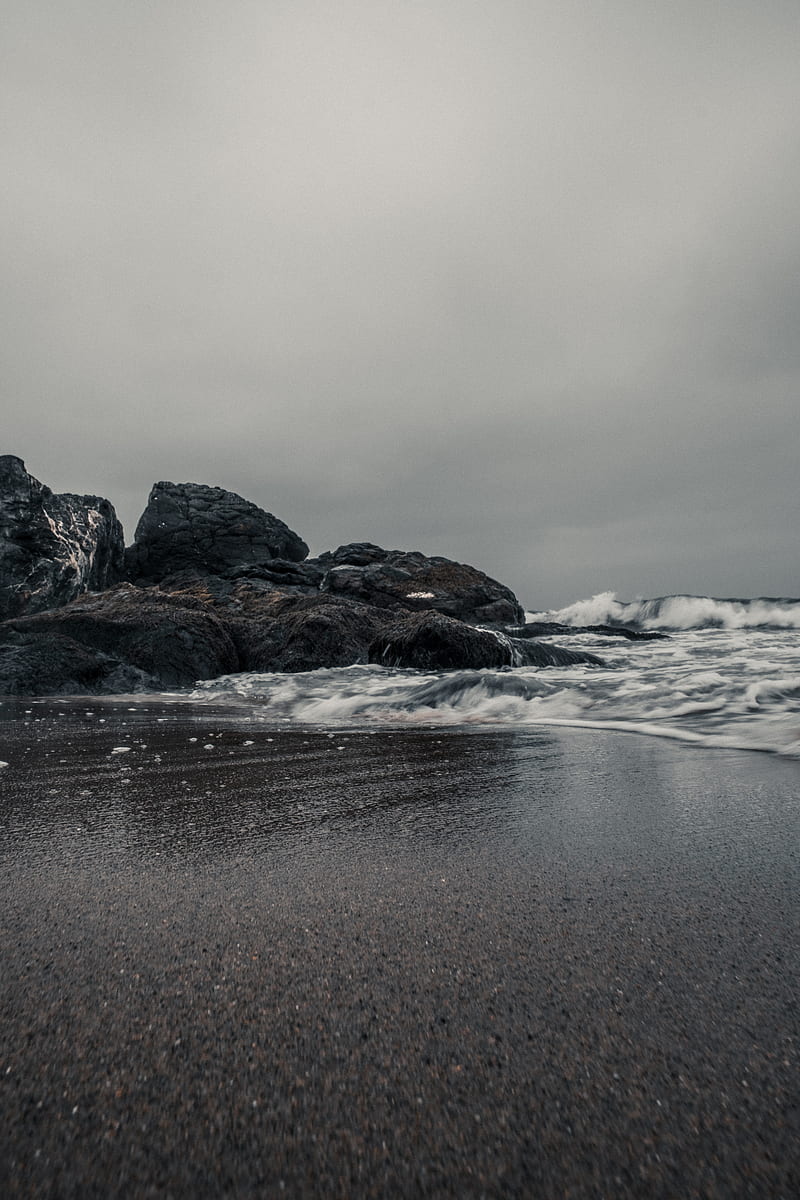 stones, beach, waves, sea, sand, HD phone wallpaper