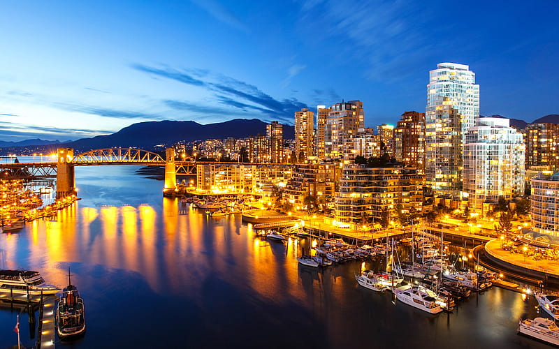 Vancouver, Canada, evening, bay city lights, modern buildings, capital of Canada, HD wallpaper