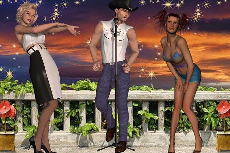 Trio, stars, boy, music, flower, man, girls, woman, night, HD wallpaper