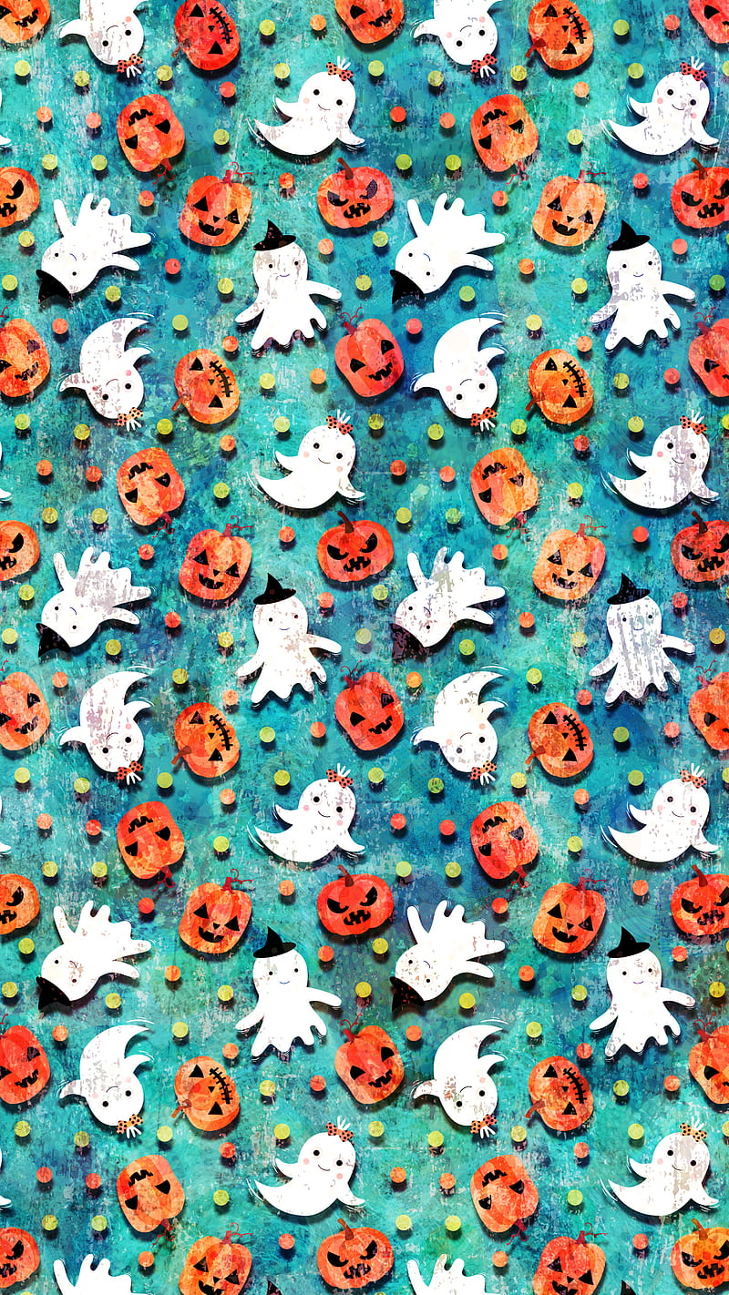 Cute Ghosts Pumpkins, Adoxali, Cute, Halloween, autumn, background, blue, cartoon, celebration, color, day of the dead, desenho, dots, fall, fun, funny, ghost, hat, holiday, illustration, jack, kawaii, lantern, october, orange, pattern, pumpkin, scary, season, smile, spooky, treat, trick, HD phone wallpaper