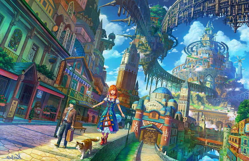 Floating City, Buildings, Fantasy World, Anime Girl - Resolution:, HD wallpaper