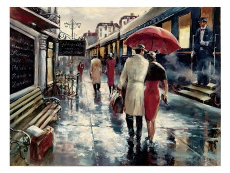 Metropolitan Station, paintings, cool, b eauty, stations, people, rain, artwork, HD wallpaper