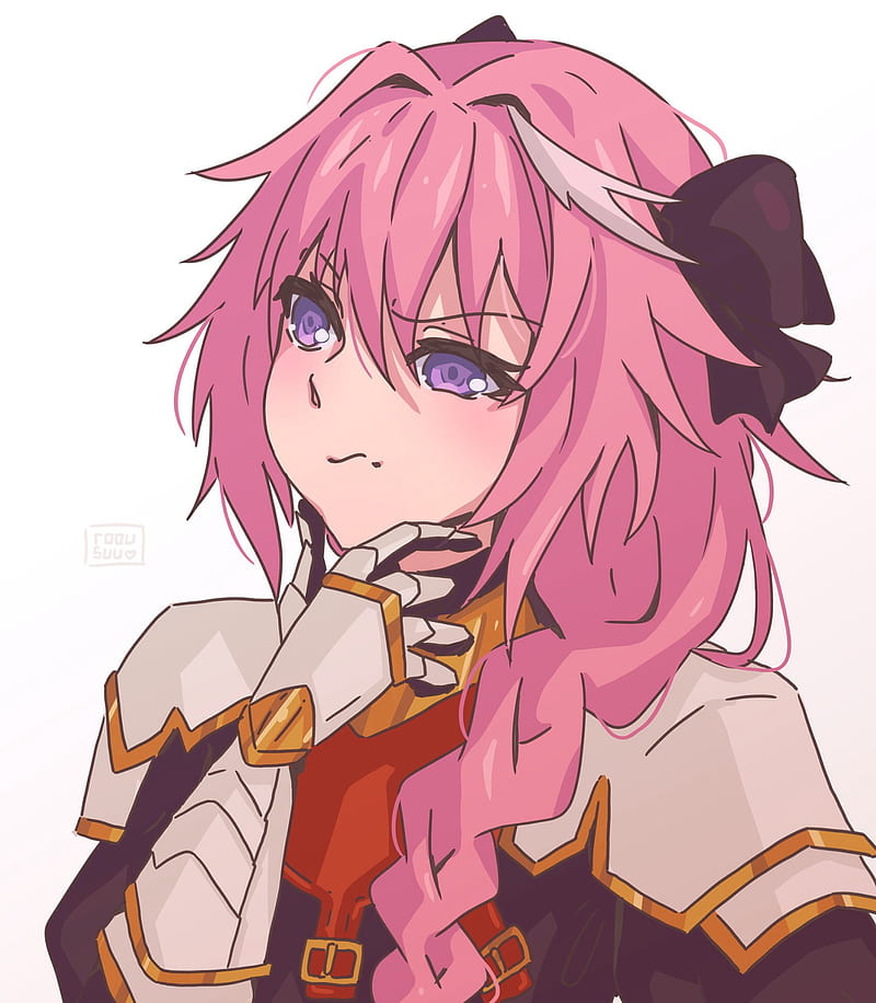 Fate/Apocrypha , FGO, Fate Series, bicolored hair, french braid, hair bows, armor, gauntlets, hand on face, purple eyes, looking away, thoughtful, black ribbons, 2D, simple background, Astolfo (Fate/Apocrypha), anime boys, femboy, pink hair, white hair, long hair, bangs, blushing, anime, artwork, solo, braided hair, fan art, HD phone wallpaper