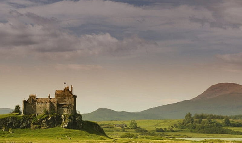 Landscape, Castle, grass, mountains, Scottish, fields, HD wallpaper