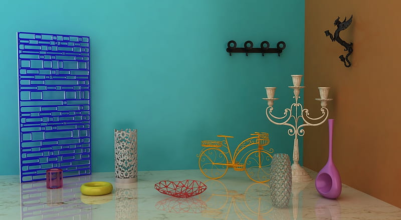 Room Render Ultra, Artistic, 3D, Creative, desenho, Bicycle, Room, Vase, render, candleholder, HD wallpaper