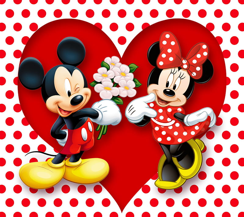 Mickey and Minnie, love, mouse, polka dots, romance, HD wallpaper