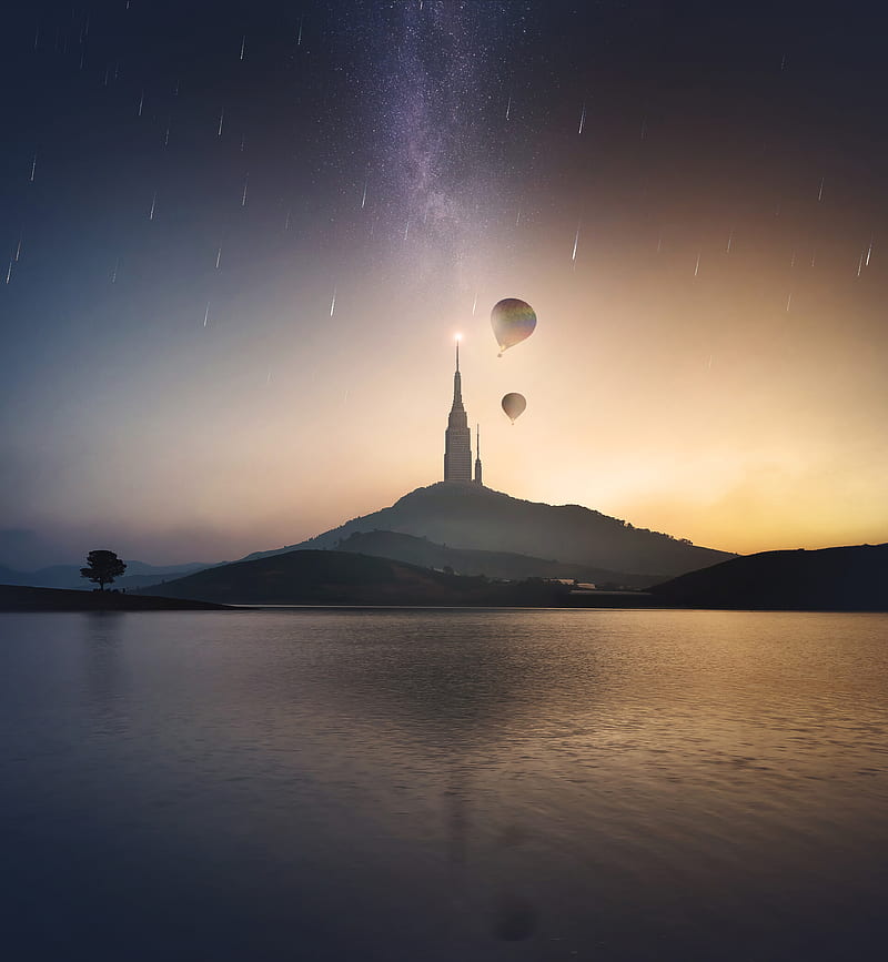 tower, hill, lake, air balloons, starry sky, meteors, HD phone wallpaper