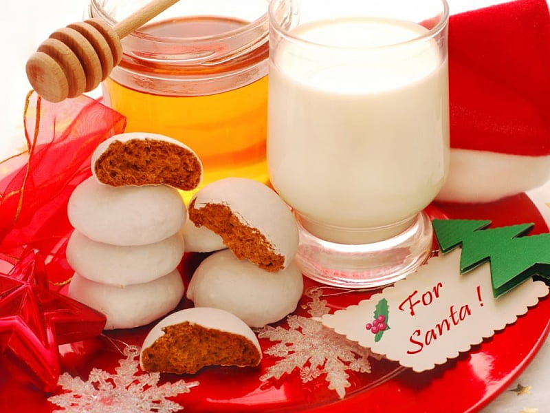 For Santa, red, honey jar, christmas tree, sweet, glass, cookies, santa, honey, snowflakes, tray, milk, santa hat, white, HD wallpaper