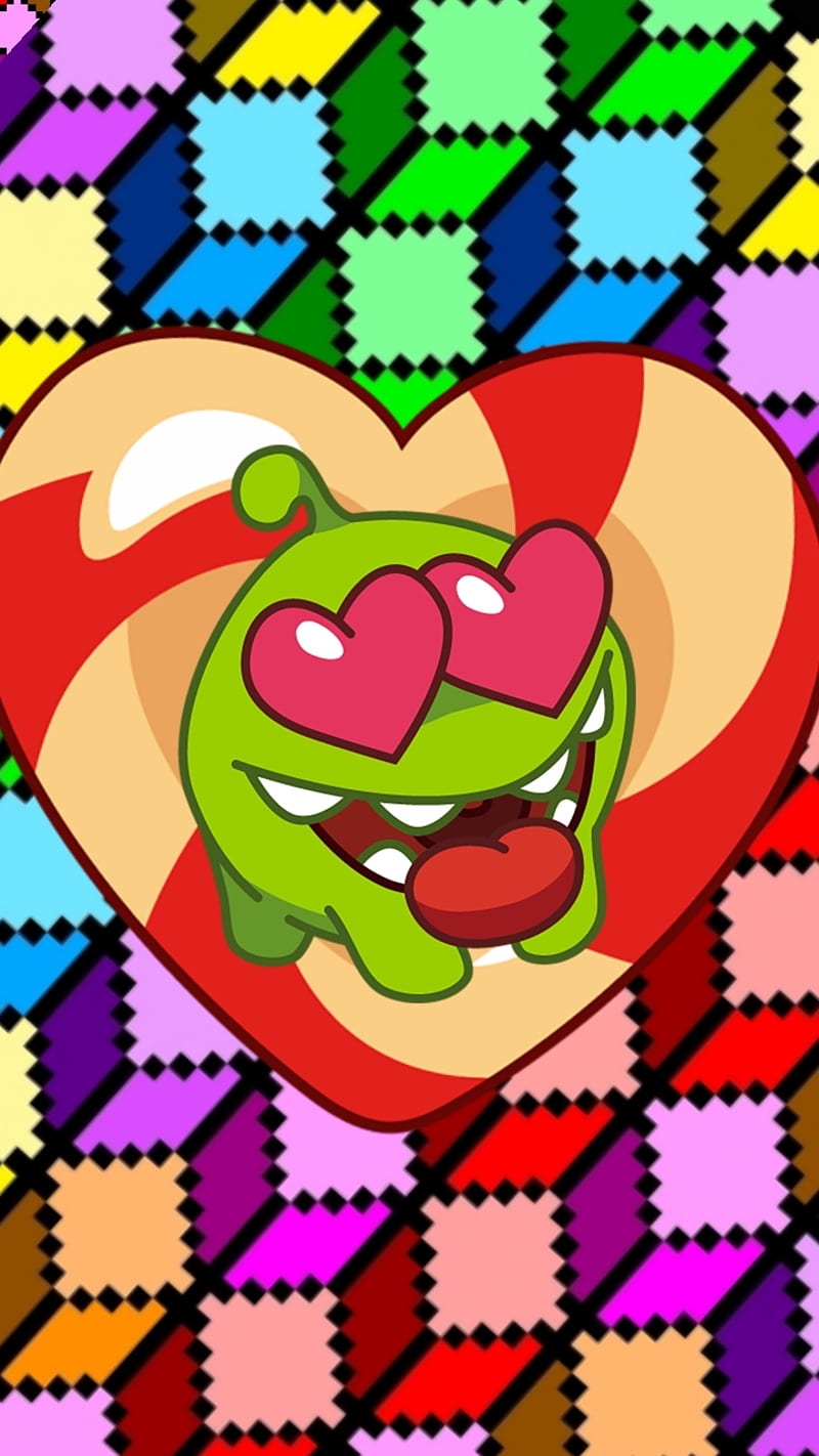 Om nom, rainbow, candy heart, squares, HD phone wallpaper