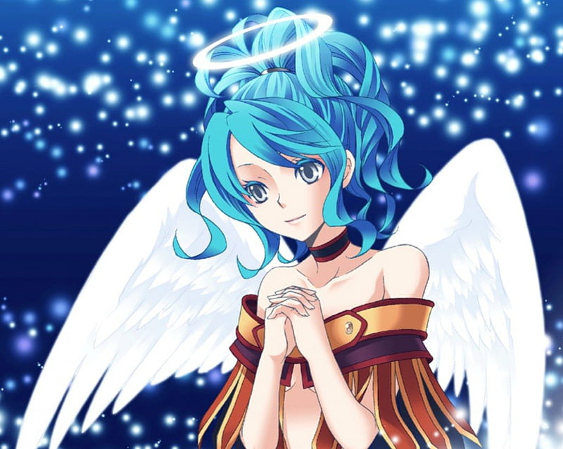 Praying for your Victory, pretty, praying, glow, sparks, bonito, wing, sweet, halo, nice, anime, feather, hot, beauty, anime girl, pray, long hair, light, female, wings, lovely, angel, sexy, cute, girl, blue hair, HD wallpaper