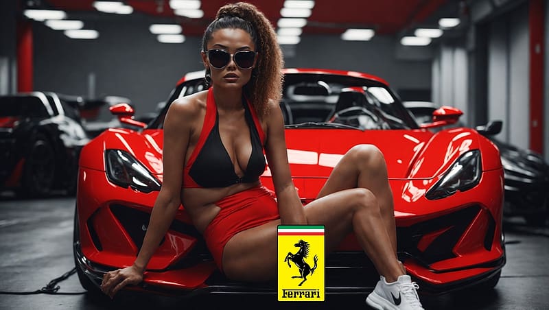 hot babe and sport car, babe, ferrari, women, red, car, HD wallpaper