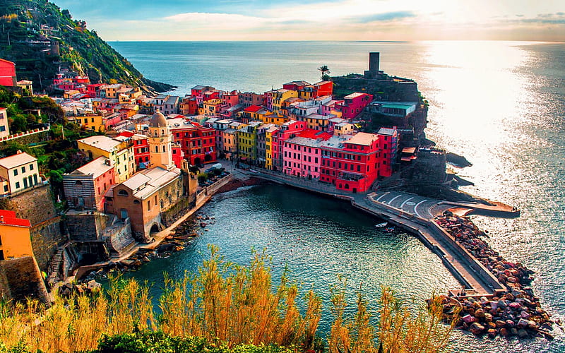 Vernazza, Cinque Terre, Italy, mediterranean, village, sunshine, sea, nature, HD wallpaper
