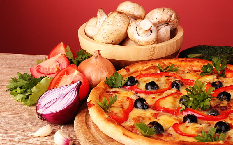 Food, Pizza, Mushroom, Parsley, Tomato, Garlic, Onion, Olive, HD wallpaper