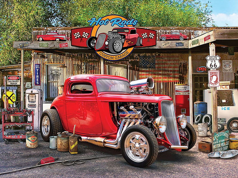 Hot Rods, artwork, painting, vintage, car, gas station, HD wallpaper