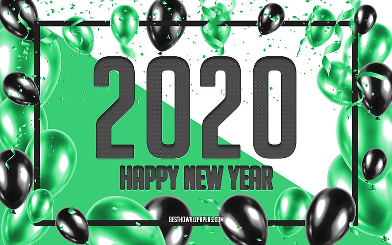 Happy New Year 2020, Green Balloons Background, 2020 concepts, Green 2020 Background, Green Black Balloons, Creative 2020 Background, 2020 New Year, Christmas background, HD wallpaper