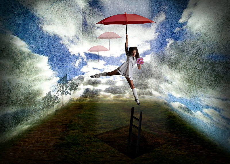 Among the clouds, red, hole, umbrella, trees, abstract, sky, clouds, scale, fly, fantasy, 3d, girl, bouquet, flowers, land, pink, HD wallpaper