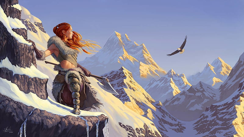 Morning light, art, redhead, luminos, eagle, iarna, winter, mountain, fantasy, girl, bird, gloomywhisper, morning, light, HD wallpaper