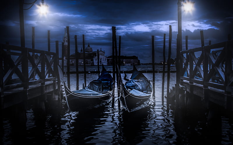Venice, gondolas, lanterns, canal, Italy, night, Europe, nightly Venice, HD wallpaper