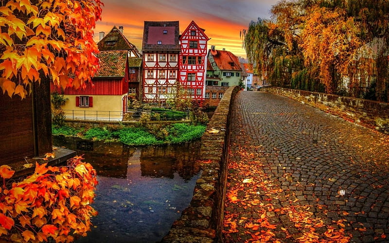 Autumn Sunset, architecture, colorful, fall, houses, autumn leaves, cobblestones, bonito, sunset, trees, sky, bridge, river, Germany, HD wallpaper