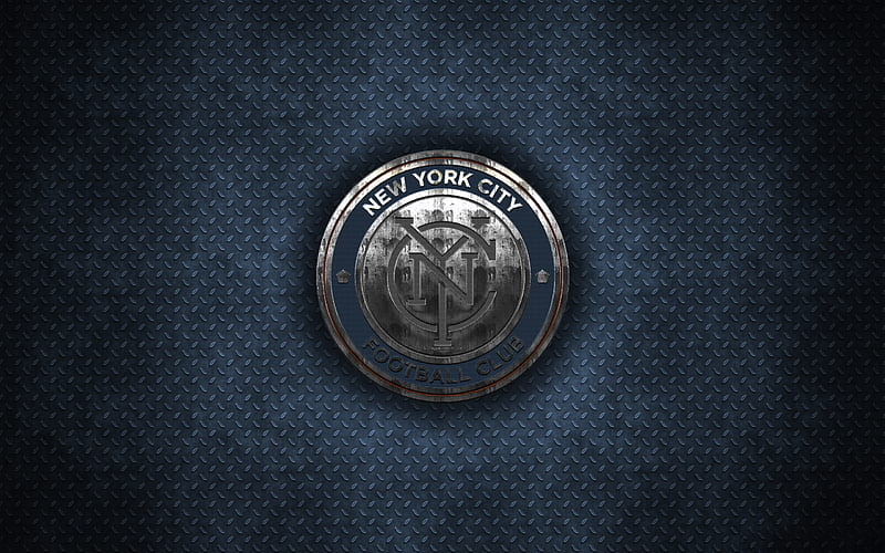 New York City FC metal logo, creative art, American soccer club, MLS, emblem, blue metal background, New York, USA, football, Major League Soccer, HD wallpaper