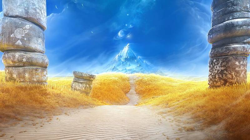 fantasy landscape, mountains, ring system, planet, field, path, road, Fantasy, HD wallpaper