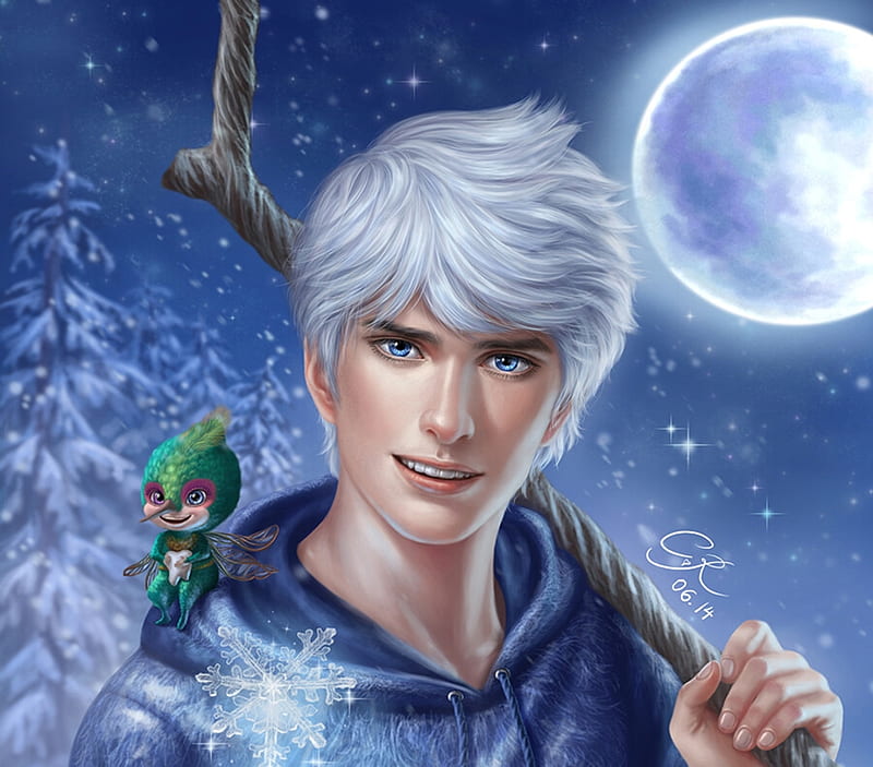 Jack Frost, iarna, blue, winter, luminos, moon, man, crystalrain, fantasy, moon, crystalrain272, white, fairy, HD wallpaper