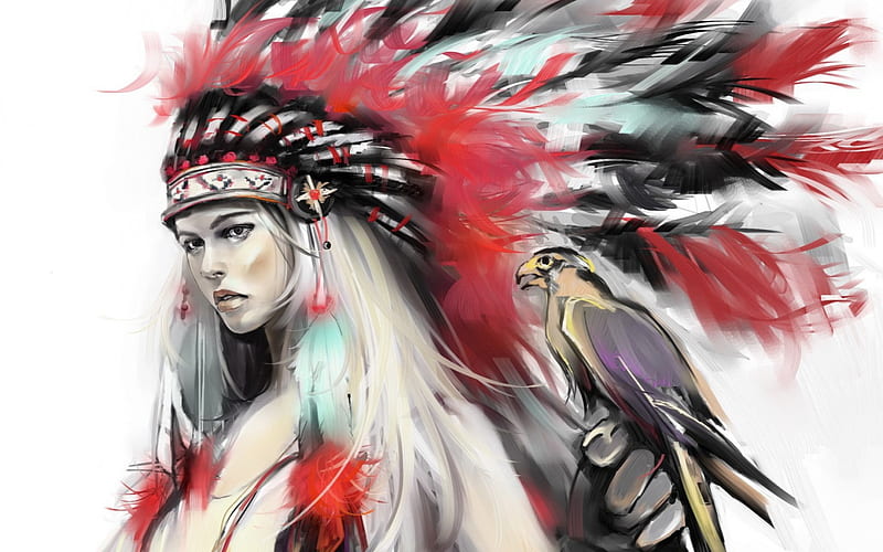 Indian girl and bird, red, art, indian, black, woman, hawke, hat, draw, fantasy, girl, bird, feather, white, HD wallpaper