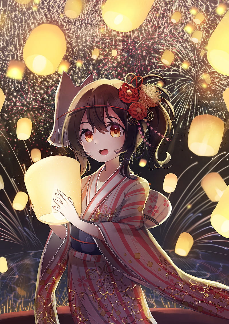 anime girl, lanterns, yukata, festival, brown hair, fireworks, Anime, HD phone wallpaper