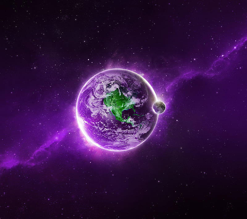 Earth, green, moon, purple, space, HD wallpaper