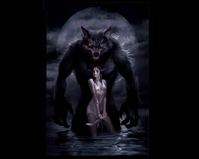 Night Of The Werewolf, tattoos, moon, female, water, elf, werewolf, knife, HD wallpaper