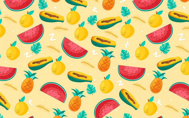 Pattern, vara, watermeon, exotic, pineapple, orange, summer, red, green, yellow, texture, fruit, papaya, HD wallpaper