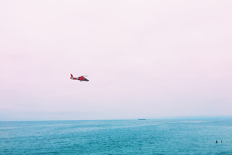 red plane on mid air above sea, HD wallpaper