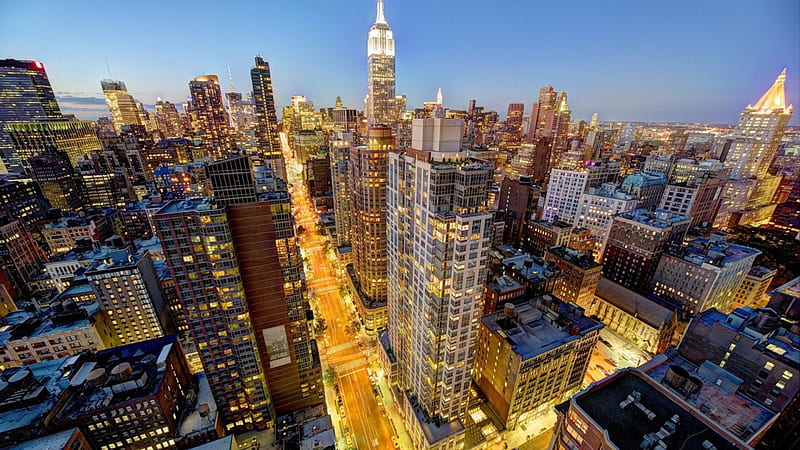 view of midtown manhattan at dusk, city, view, dusk, streets, lights, skyscrapers, HD wallpaper