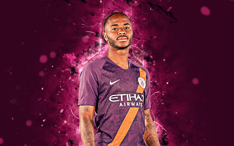 Raheem Sterling, violet uniform, English footballer, Manchester City FC, soccer, Sterling, Premier League, Man City, neon lights, HD wallpaper