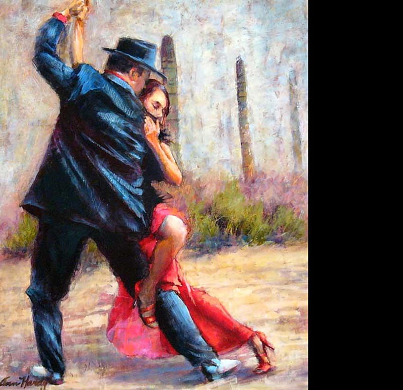 Ann Hardy - Tango, red, suit, art, tango, music, man, woman, hat, ann hardy, love, painting, passion, dance, couple, HD wallpaper