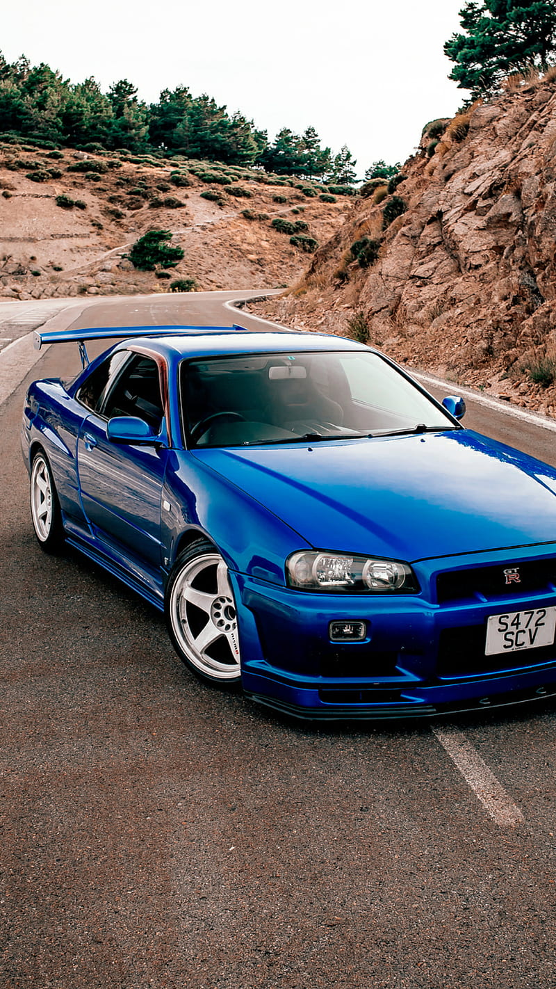 Skyline R34 GTR, nissan, blue, car, supercar sports, america, HD phone wallpaper