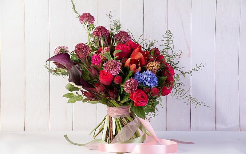 wedding bouquet, beautiful flowers, hyacinths, tulips, calla lilies, roses, HD wallpaper