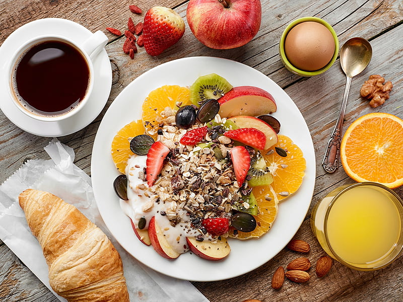 breakfast, croissant, juice, coffee, still life, muesli, fruit, HD wallpaper