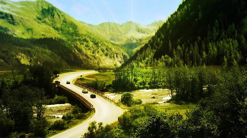 beyond the mountains, highway, bridge, mountains, river, valley, HD wallpaper