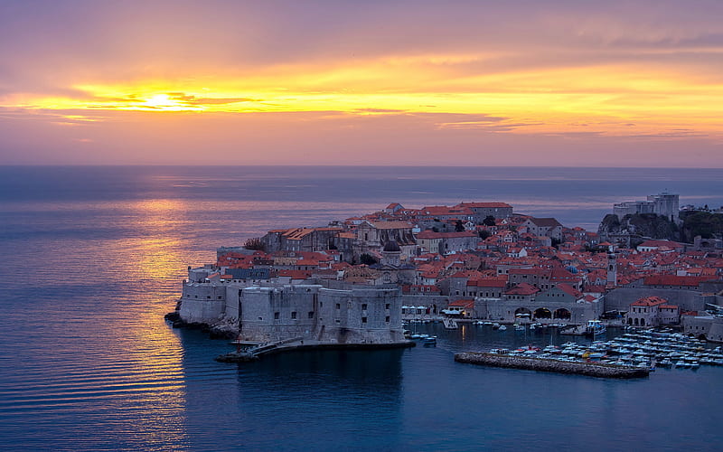 Dubrovnik, Adriatic Sea, Croatia, evening, sunset, resort, seascape, Mediterranean Sea, HD wallpaper