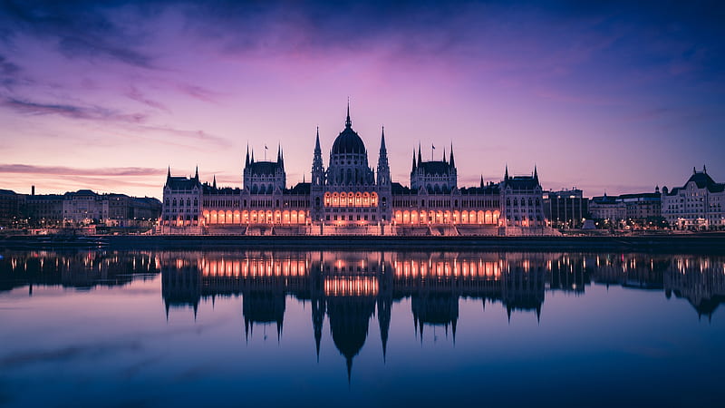 Monuments, Hungarian Parliament Building, Budapest, Building, Dusk, Hungary, Reflection, Sunset, Water, HD wallpaper
