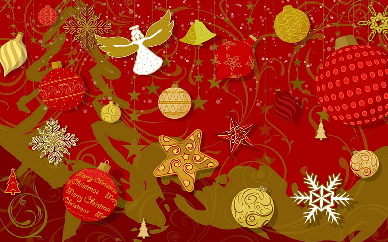 Background X-mas, snow flake, stars, tree, balls, angel, bells, red and golden, HD wallpaper