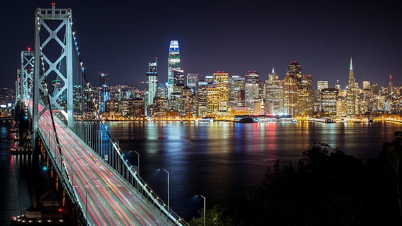 Bay Bridge~San Francisco, Cali, evening, sky, San Francisco, skyscrapers, USA, bonito, bulidings, lights, city, bridge, skyline, HD wallpaper