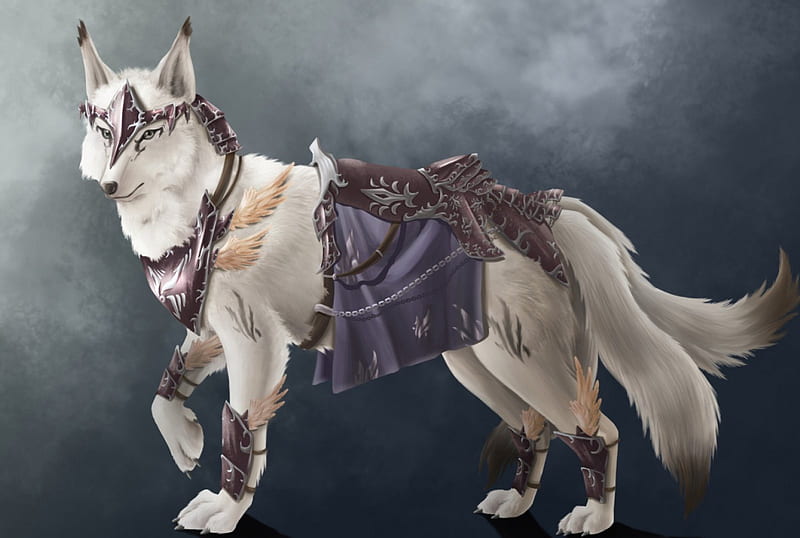 White wolf, clothes, purple, werewolf, white, pink, animal, blue, creature, HD wallpaper