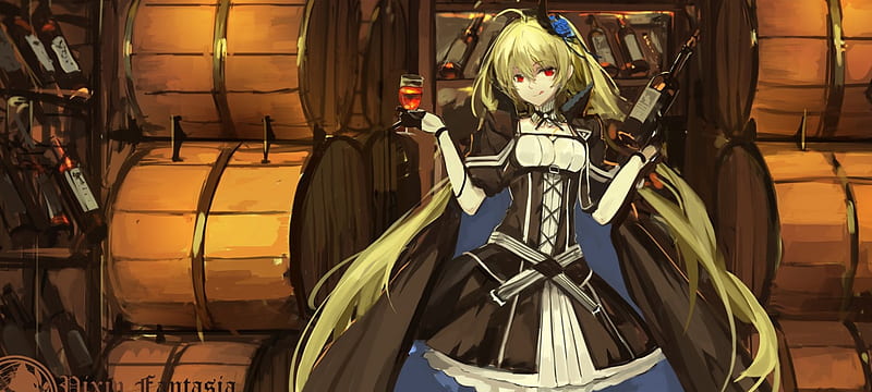 Wine Vampire, pretty, dress, blond, bottle, glasses, bonito, sweet, nice, twin tail, anime, beauty, anime girl, long hair, female, lovely, twintail, wine, gown, lolita, blonde, barrel, blonde hair, twintails, twin tails, blond hair, girl, lady, maiden, HD wallpaper