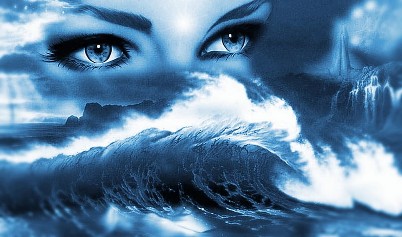 Blue, eyes, woman, sea, HD wallpaper