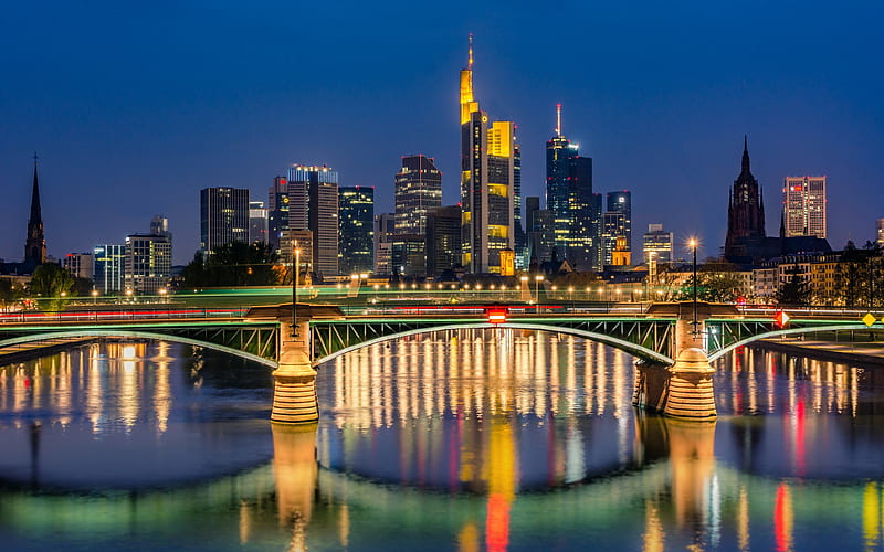 Frankfurt am Main, Ignatz Bubis bridge, River Main, evening, sunset, skyscrapers, modern buildings, Frankfurt skyline, Frankfurt cityscape, Germany, HD wallpaper