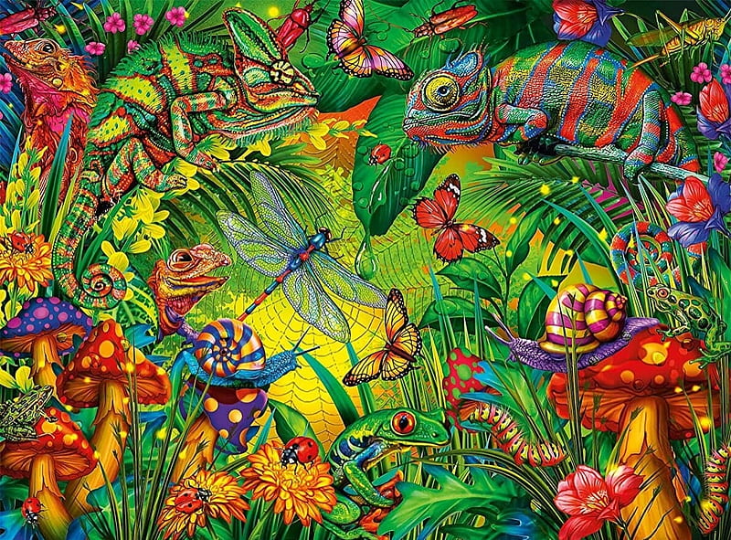 The chameleons, colorful, red, art, orange, mushroom, green, chameleon, jungle, flower, insect, summer, dragonfly, HD wallpaper